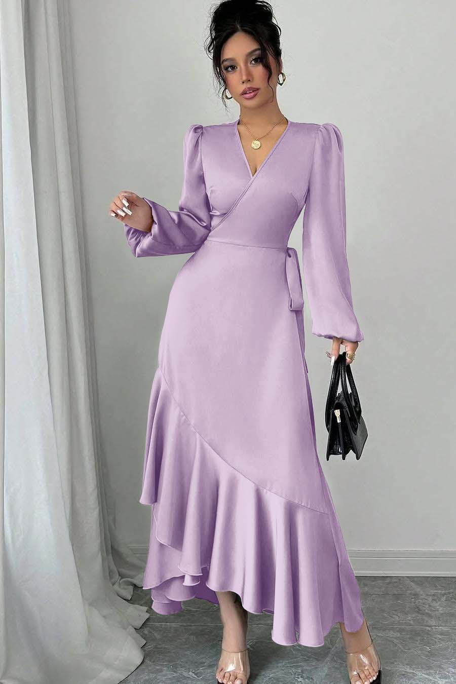 Shinning Long Sleeves V Neck Long Formal Dress With Ruffles Pleated