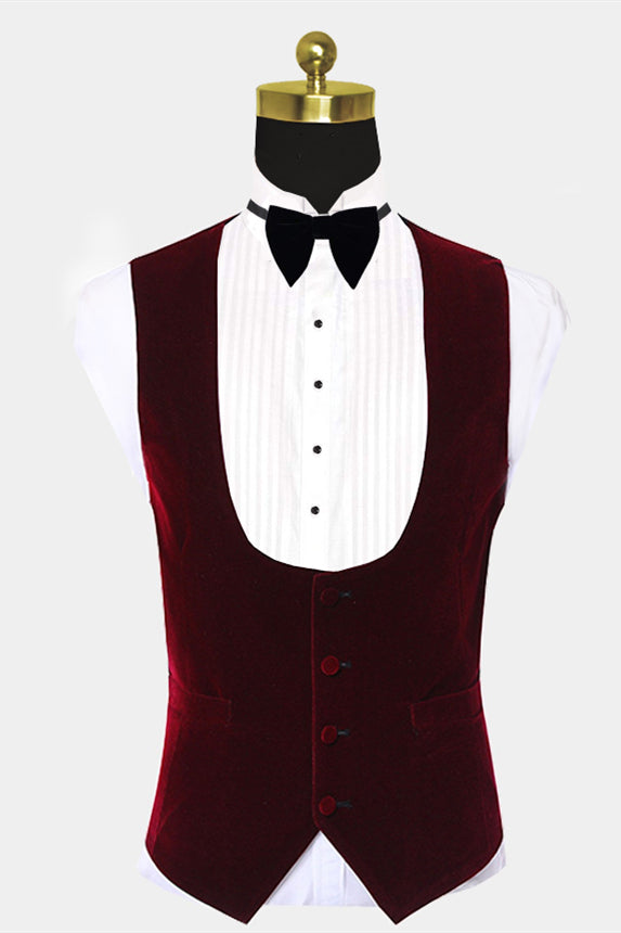 Stunning Burgundy Velvet Lapel with White Jacquard Prom Suit for Guys