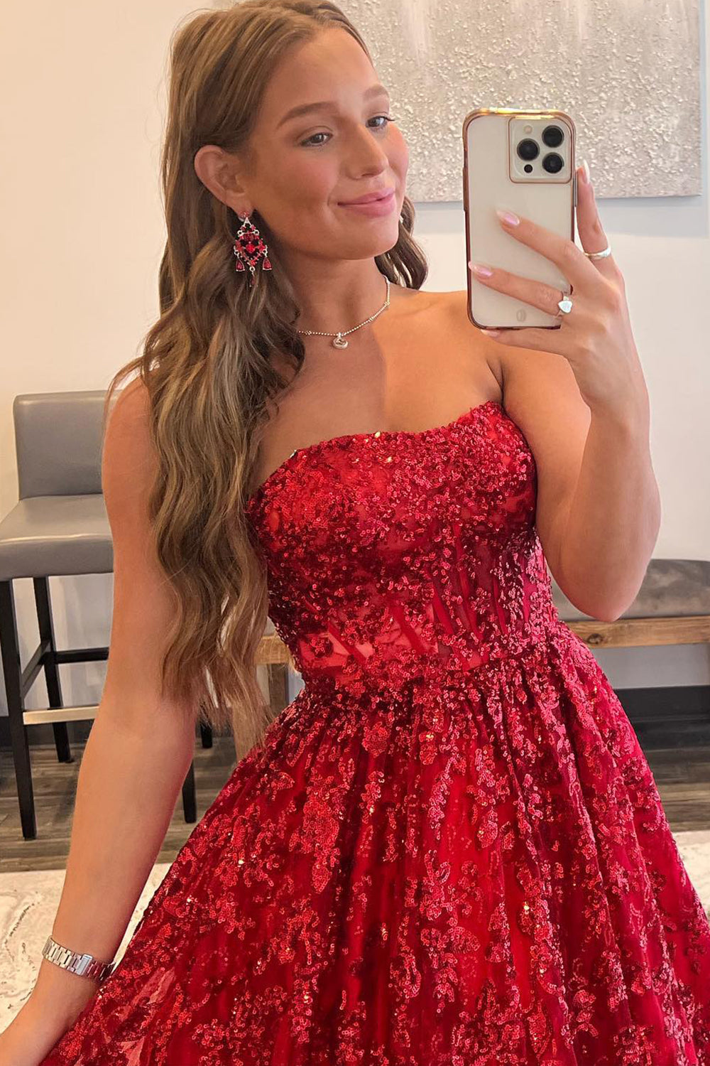 Long Red Strapless Prom Dress in A-Line Style