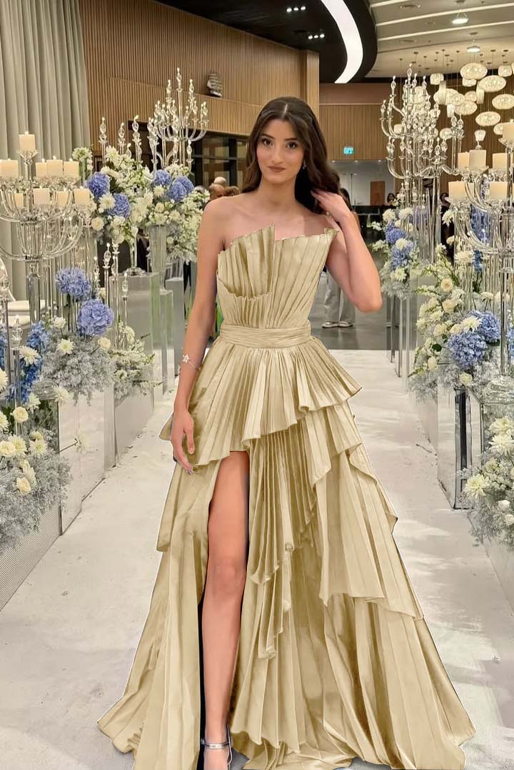 Charming Strapless Sleeveless Long Split Formal Dress With Pleated