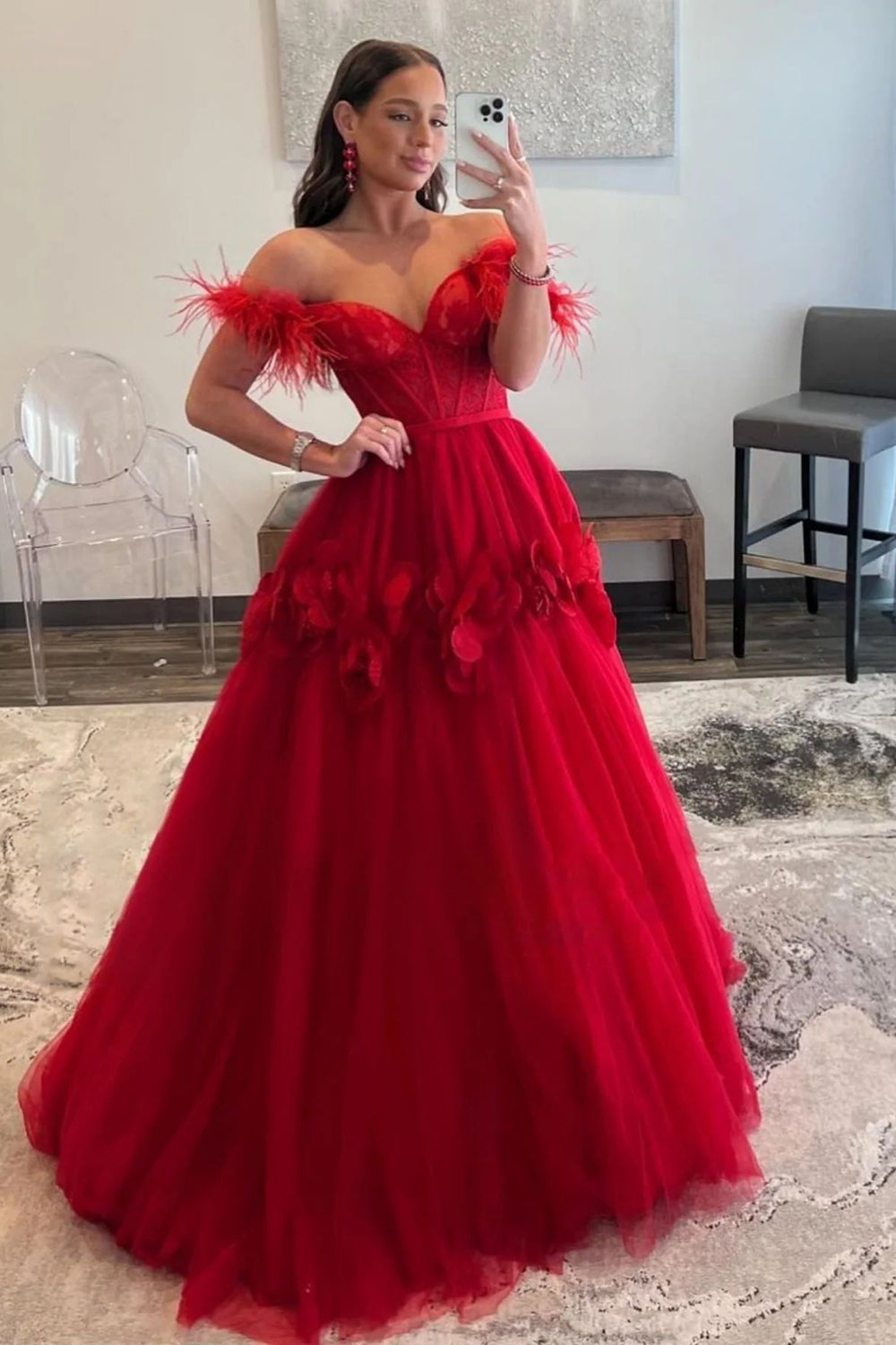 Long Red Prom Dress with Feathers in an Off-the-Shoulder A-Line Design