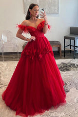 Long Red Prom Dress with Feathers in an Off-the-Shoulder A-Line Design
