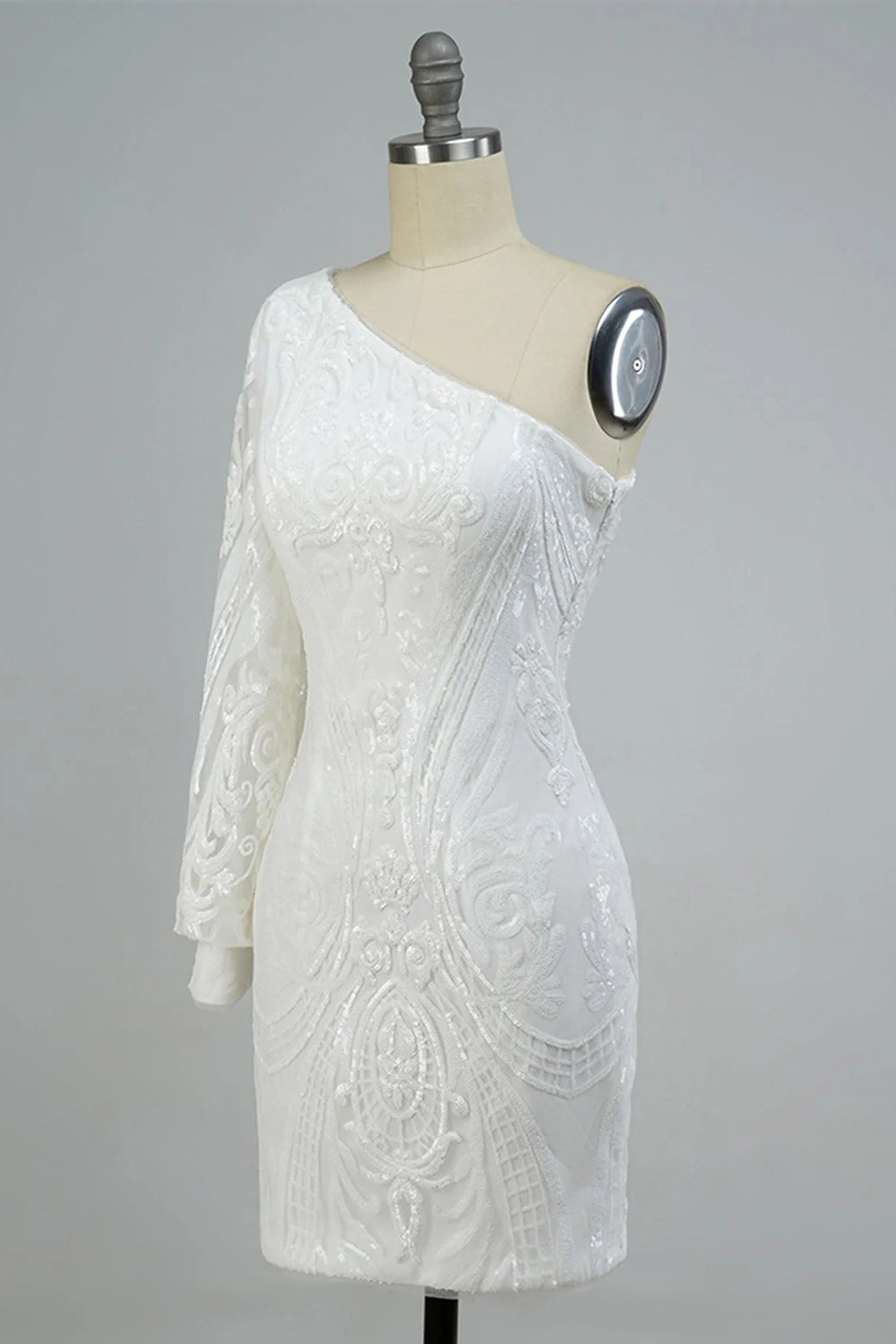 White Beaded Sequins One Shoulder Tight Homecoming Dress/Mini Dress