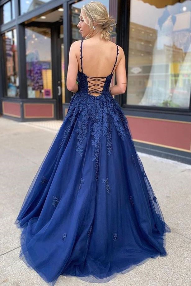 Elegant Dark Blue Straps Sweetheart Tulle Evening Dress With Appliques
