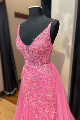 Stylish Pink A-Line Corset Prom Dress with Deep V-Neck and Appliques
