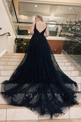 A-Line Prom Dress with Black Spaghetti Straps and Appliques