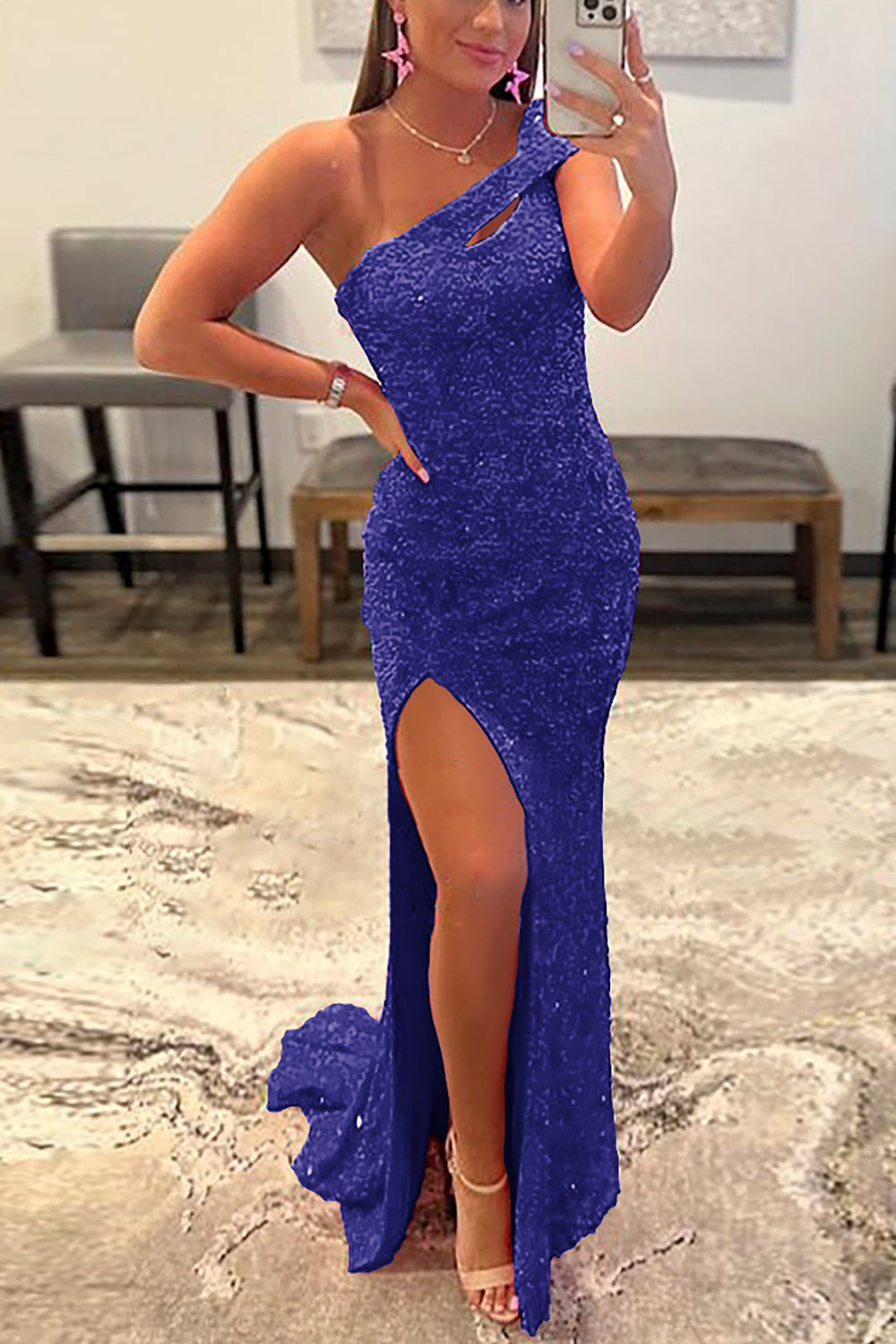 One Shoulder Fuchsia Prom Dress with Sequins