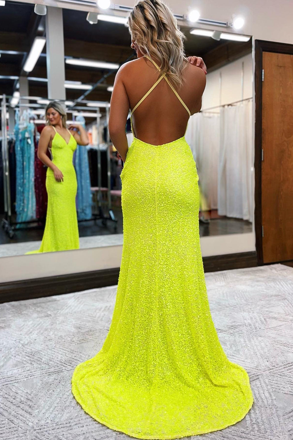 Blue Sequined Mermaid Prom Dress with Spaghetti Straps and Backless Design