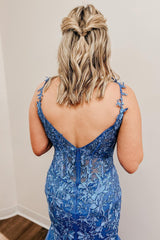 Mermaid Prom Dress in Blue with Spaghetti Straps and Appliques