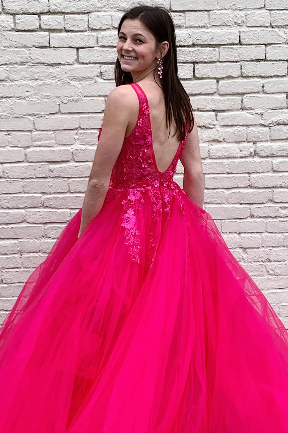 Long V-Neck Red Prom Dress in A-Line Style Featuring Appliques