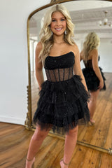 Sparkly Black Corset Tiered A-Line Tulle Short Homecoming Dress/Mini Dress