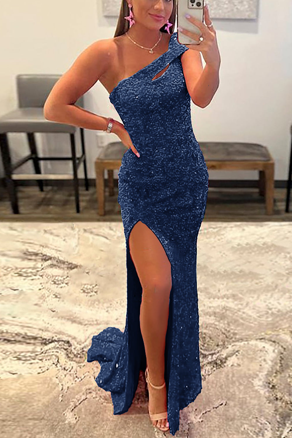 One Shoulder Fuchsia Prom Dress with Sequins