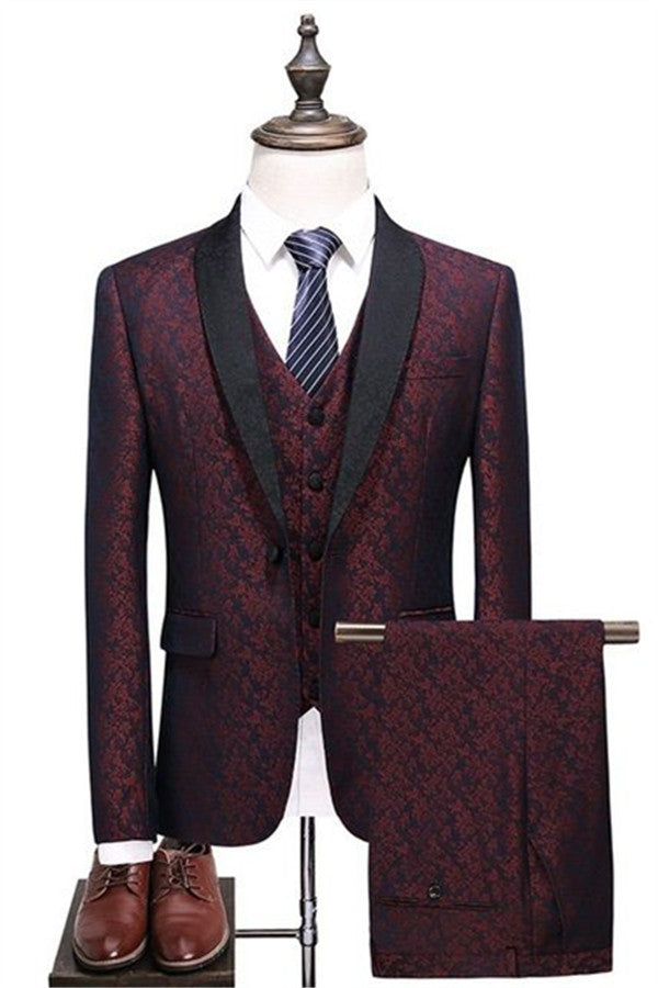 Burgundy One-Button Three-Piece Check Design Slim Fit Suit