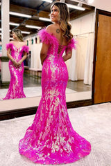 Fuchsia Long Prom Dress with Feathers in a Mermaid Off-the-Shoulder Style