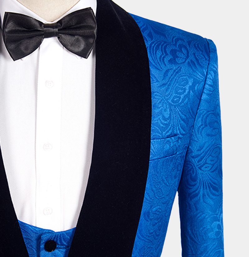 Royal Blue Slim Fit Wedding Suits Floral Jacquard Tuxedo (Jacket Vest Pants Shirt)