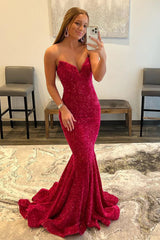 Long Prom Dress with Fuchsia Sequins in Mermaid Style