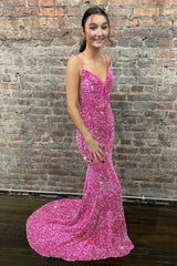 Hot Pink Backless Prom Dress with Mermaid Spaghetti Straps