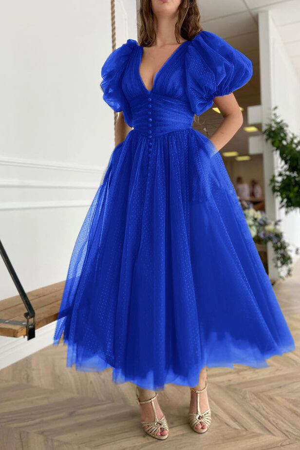Dark Green Evening Dress A-Line With Short Sleeves V-Neck