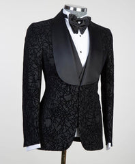 Newest Darren Black Three-Piece Shawl Lapel Jacquard Men's Suits