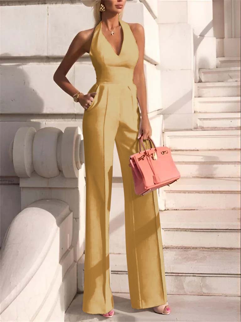 White Slim Fit Halter V-Neck Jumpsuit High-Waist Daily Women's Jump Suit