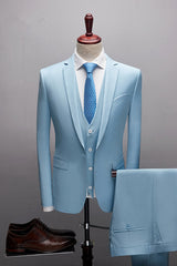 Glamorous Sky Blue Three-Piece Marriage Blazer Suit with Notched Lapel
