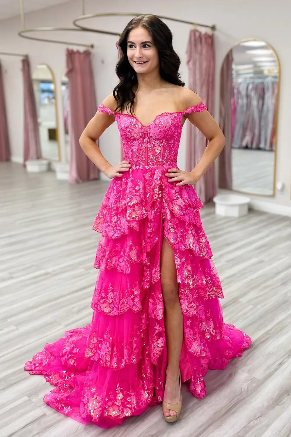 Long Tiered Off-the-Shoulder Corset Prom Dress in Fuchsia with Sequins for Princesses