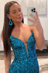 Blue Sequin Sweetheart Prom Dress with Sheath Silhouette and Slit