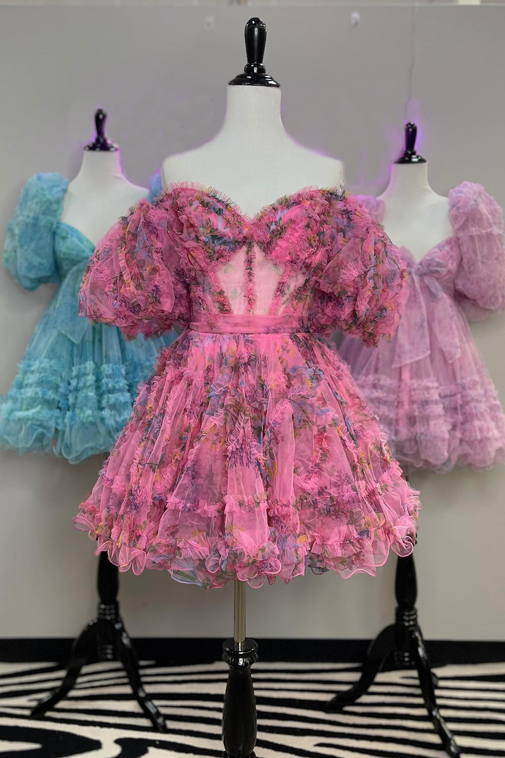 Ivory Floral A-Line Short Homecoming Dress/Mini Dress