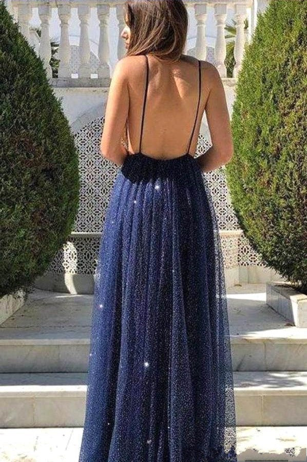 Dark Navy Deep V Neck Backless Spaghetti Strap Long Formal Dress With Sequins