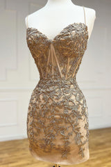 Champagne Spaghetti Straps Tight Short Homecoming Dress/Mini Dress with Appliques
