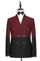 Stylish Burgundy and Black Double-Breasted Party Prom Suit for Guys with Peaked Lapel