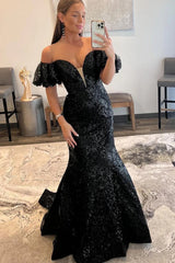 Long Off-the-Shoulder Prom Dress with Sparkly Black Sequins