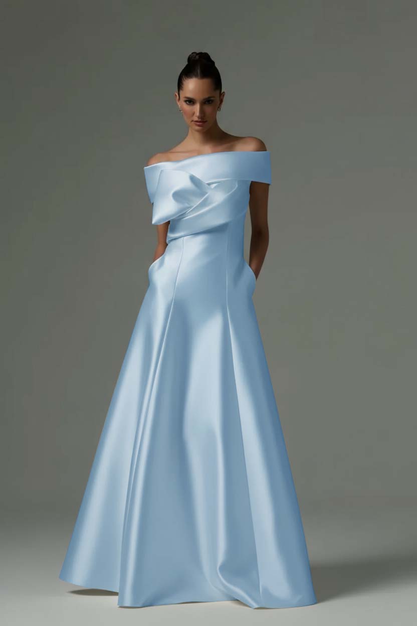 Off the Shoulder Sleeveless Long Formal Dress With Pleated Pocket