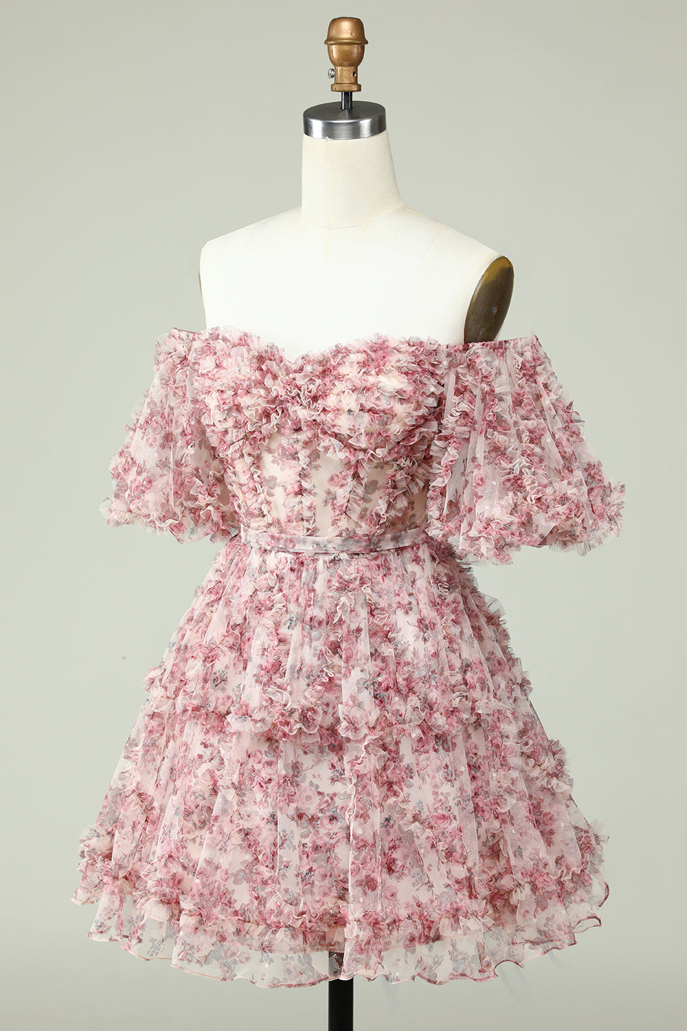 Green Off the Shoulder Printed Tiered A Line Short Homecoming Dress/Mini Dress