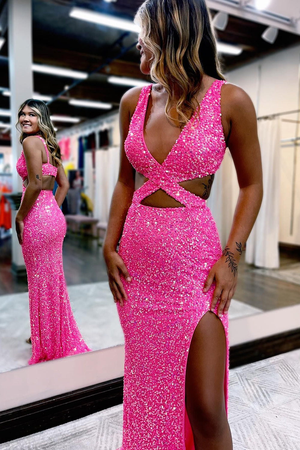 Mermaid Prom Dress with Hollow-Out Design in Hot Pink Sequins
