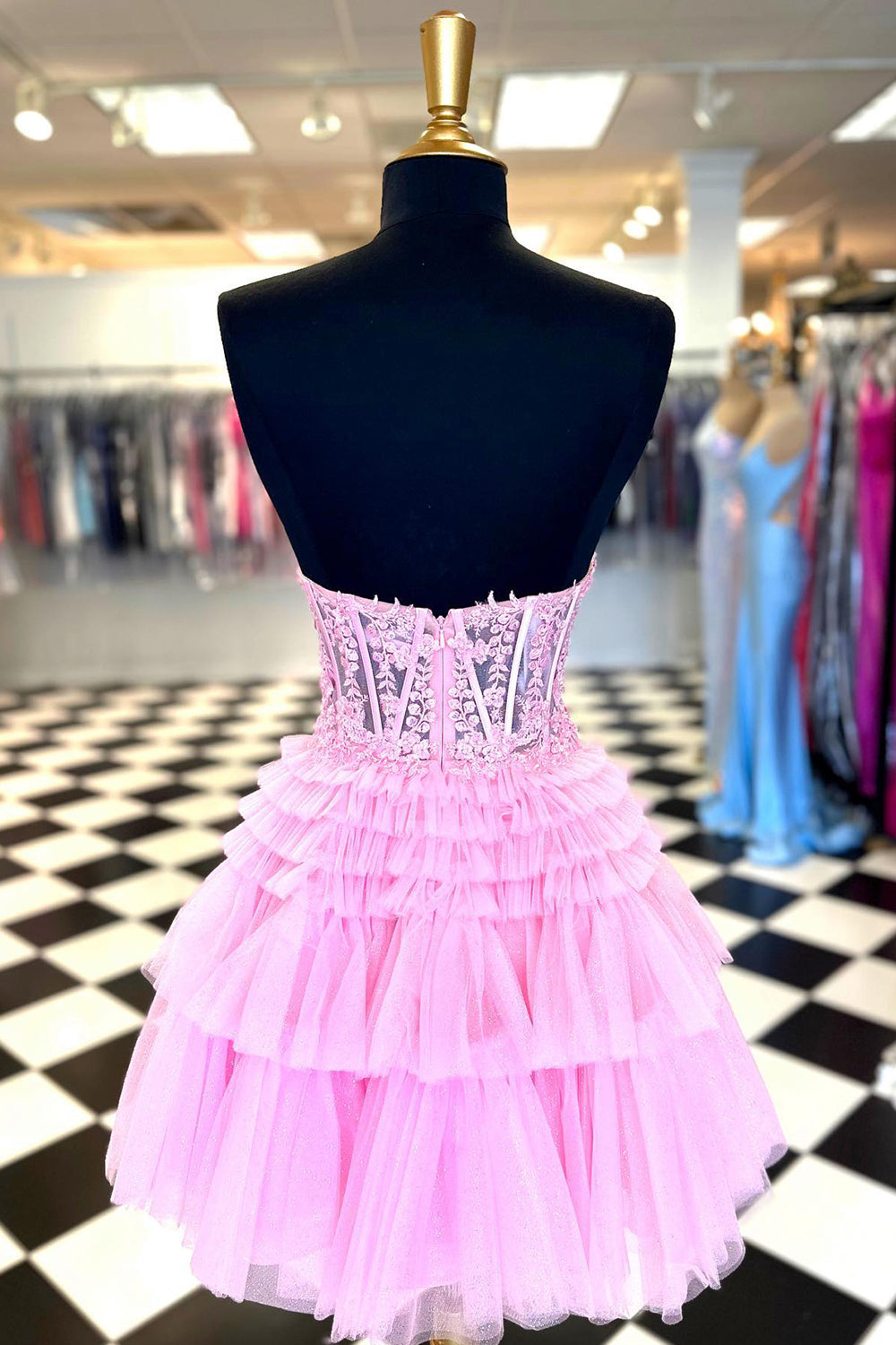 Glitter Pink Corset A-Line Tiered Short Homecoming Dress/Mini Dress with Lace