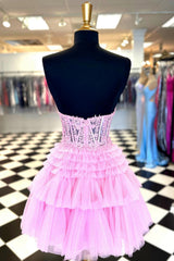 Sparkly Pink Corset Tiered Short A-Line Tulle Homecoming Dress/Mini Dress with Lace