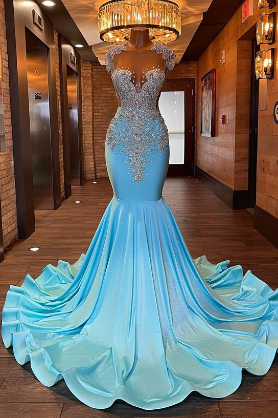 Blue Sleeveless Beading Mermaid Evening Dress