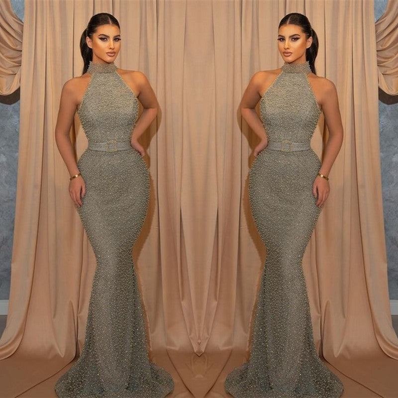 Mermaid Sleeveless Evening Dress Sequins With Belt Halter