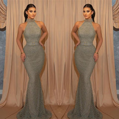 Mermaid Sleeveless Evening Dress Sequins With Belt Halter