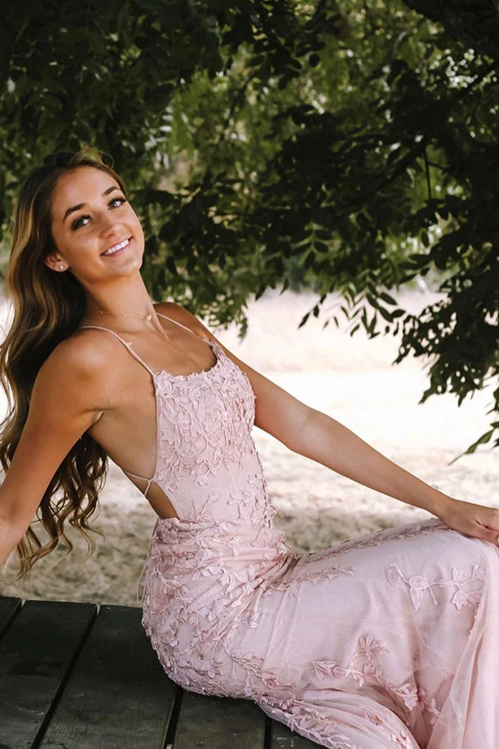 Backless Mermaid Prom Dress with Pink Lace