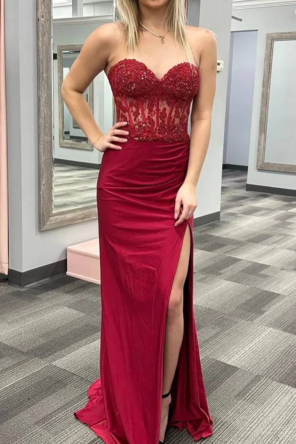 Long Prom Dress in Sparkly Hot Pink with Corset and Slit