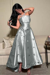 Strapless Sleeveless Long Formal Dress With Pleated Appliques