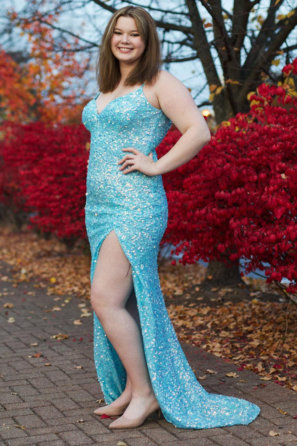 Long Blue Sequins Prom Dress with Sheath Spaghetti Straps and Front Split