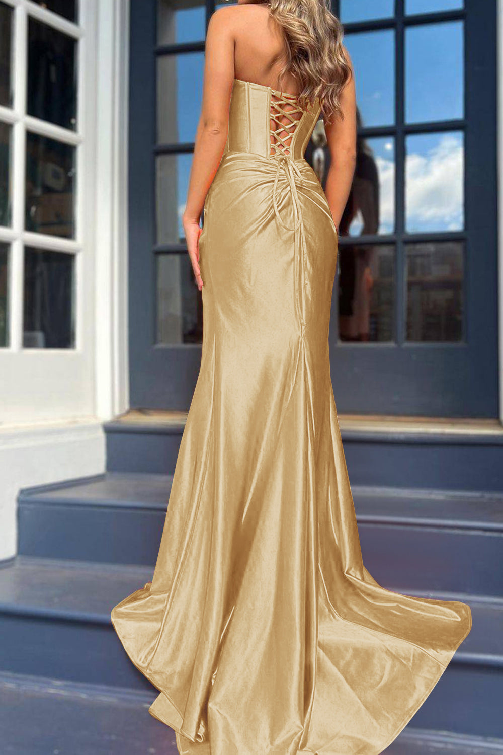 Orange Strapless Mermaid Corset Prom Dress Featuring a Front Split