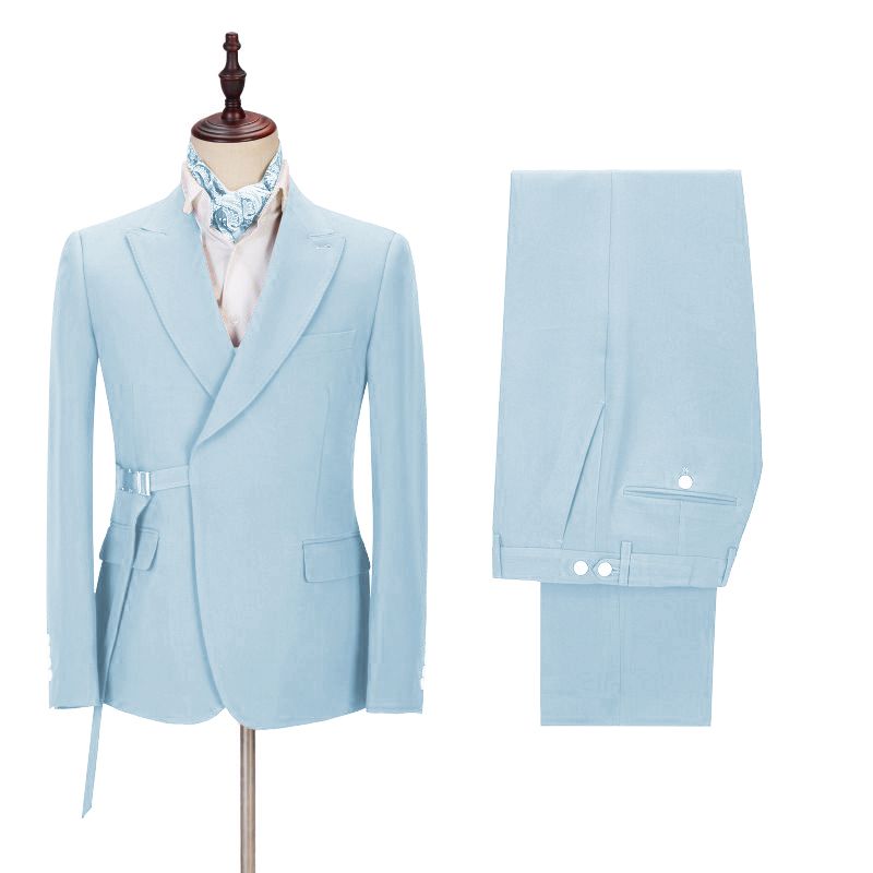 Shining Sky Blue Best Peaked Lapel Wedding Suits for Men with Adjustable Buckle