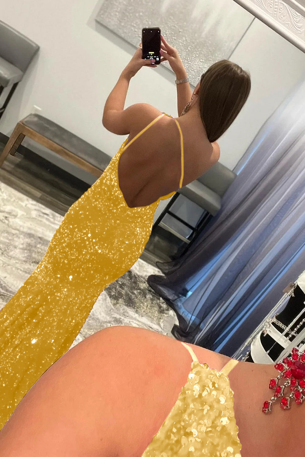 Long Burgundy Prom Dress with Mermaid Sequins