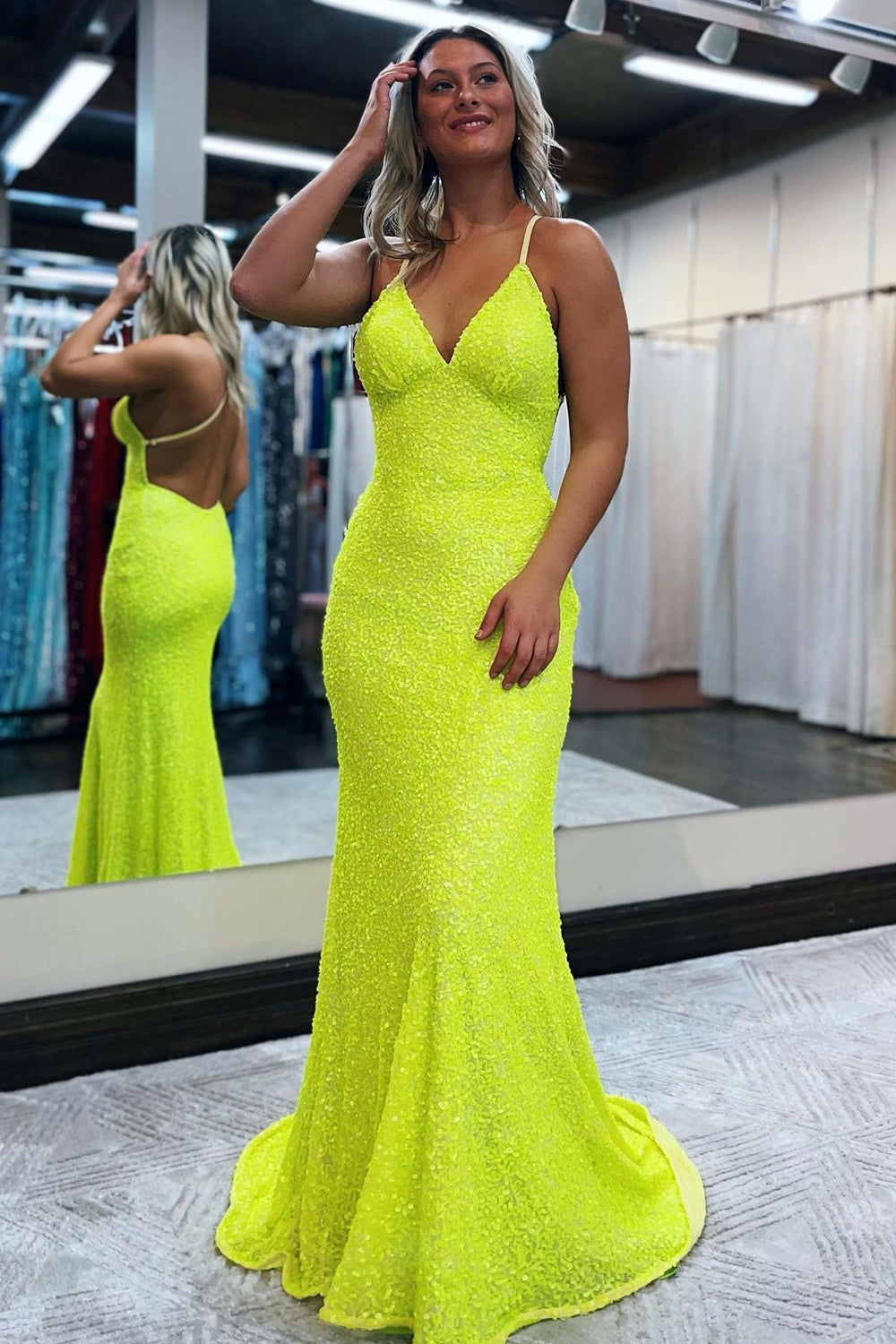 Blue Sequined Mermaid Prom Dress with Spaghetti Straps and Backless Design