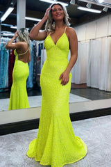 Blue Sequined Mermaid Prom Dress with Spaghetti Straps and Backless Design