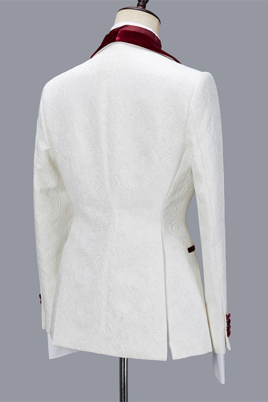 Nathanael White Jacquard Velvet Lapel Three-Piece Wedding Groom Men's Suits